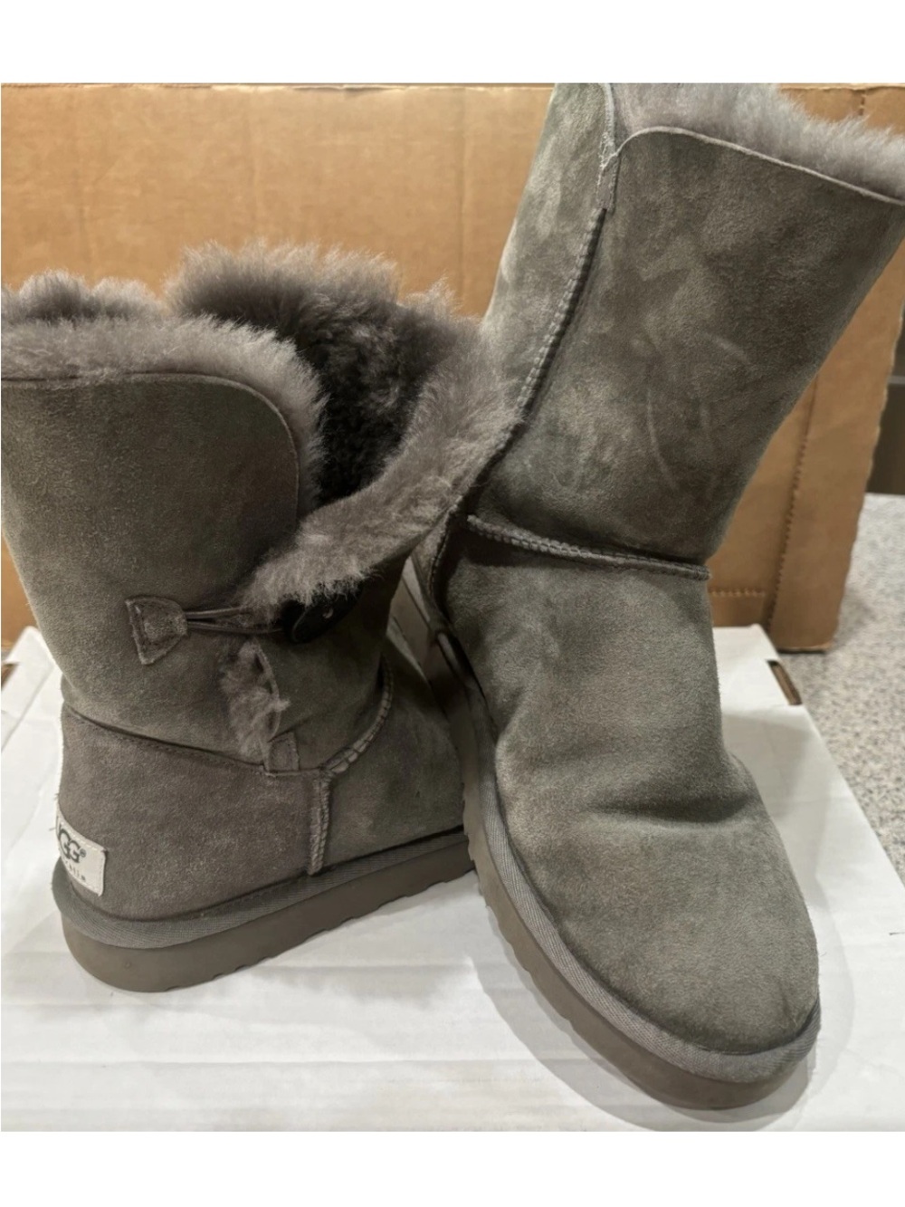 UGG Gray Suede Shearling Button-Tab Short Boots